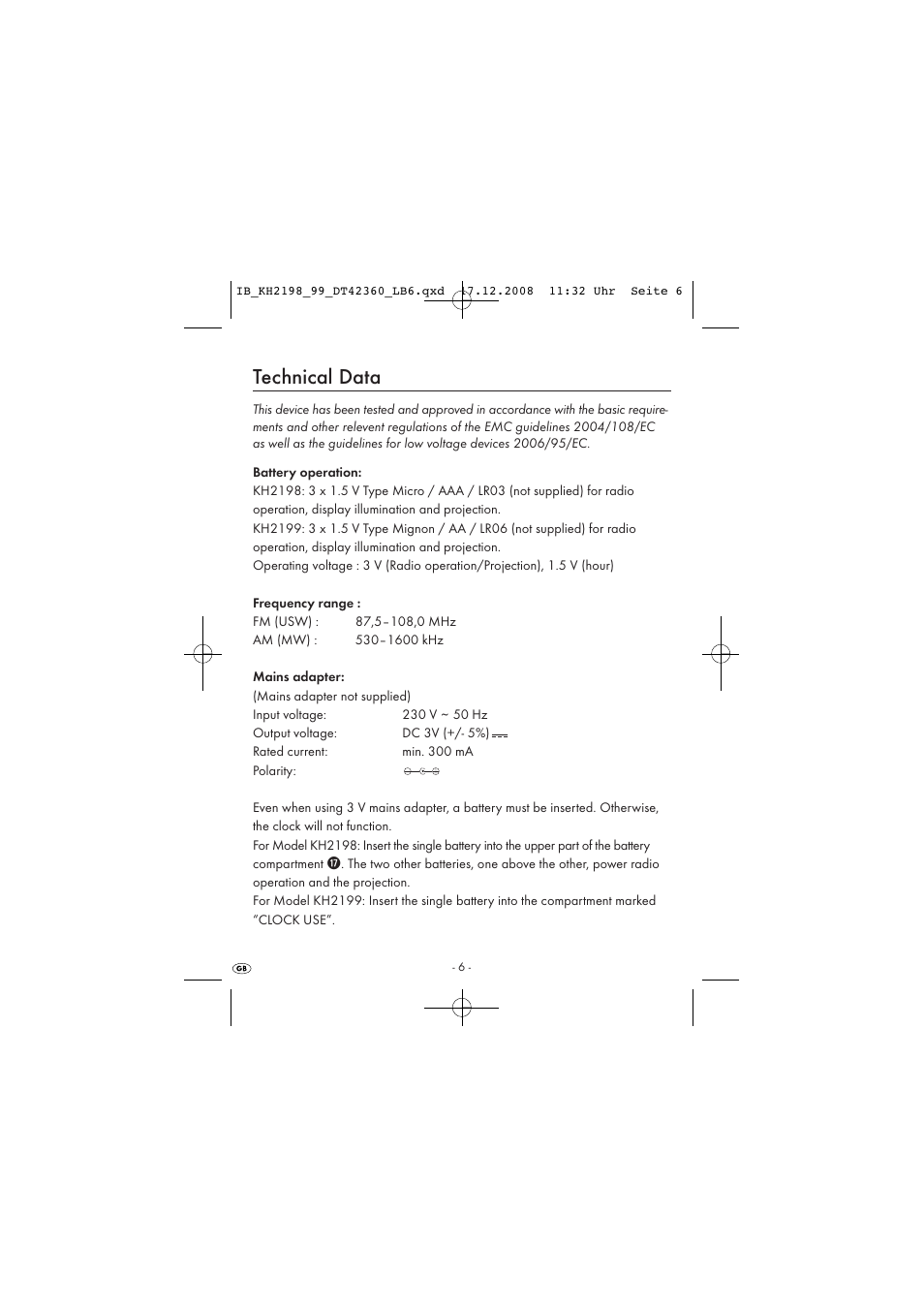 Technical data | Kompernass KH 2198 User Manual | Page 8 / 18