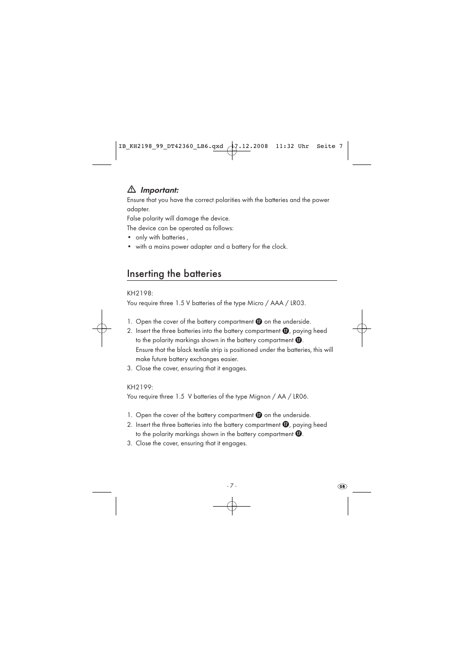 Inserting the batteries | Kompernass KH 2198 User Manual | Page 9 / 18