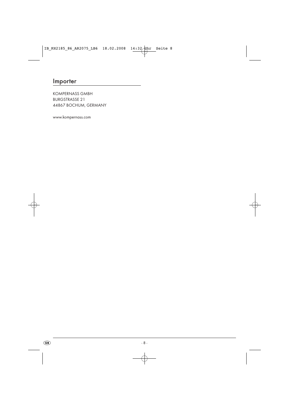 Importer | Kompernass KH 2185 User Manual | Page 10 / 10