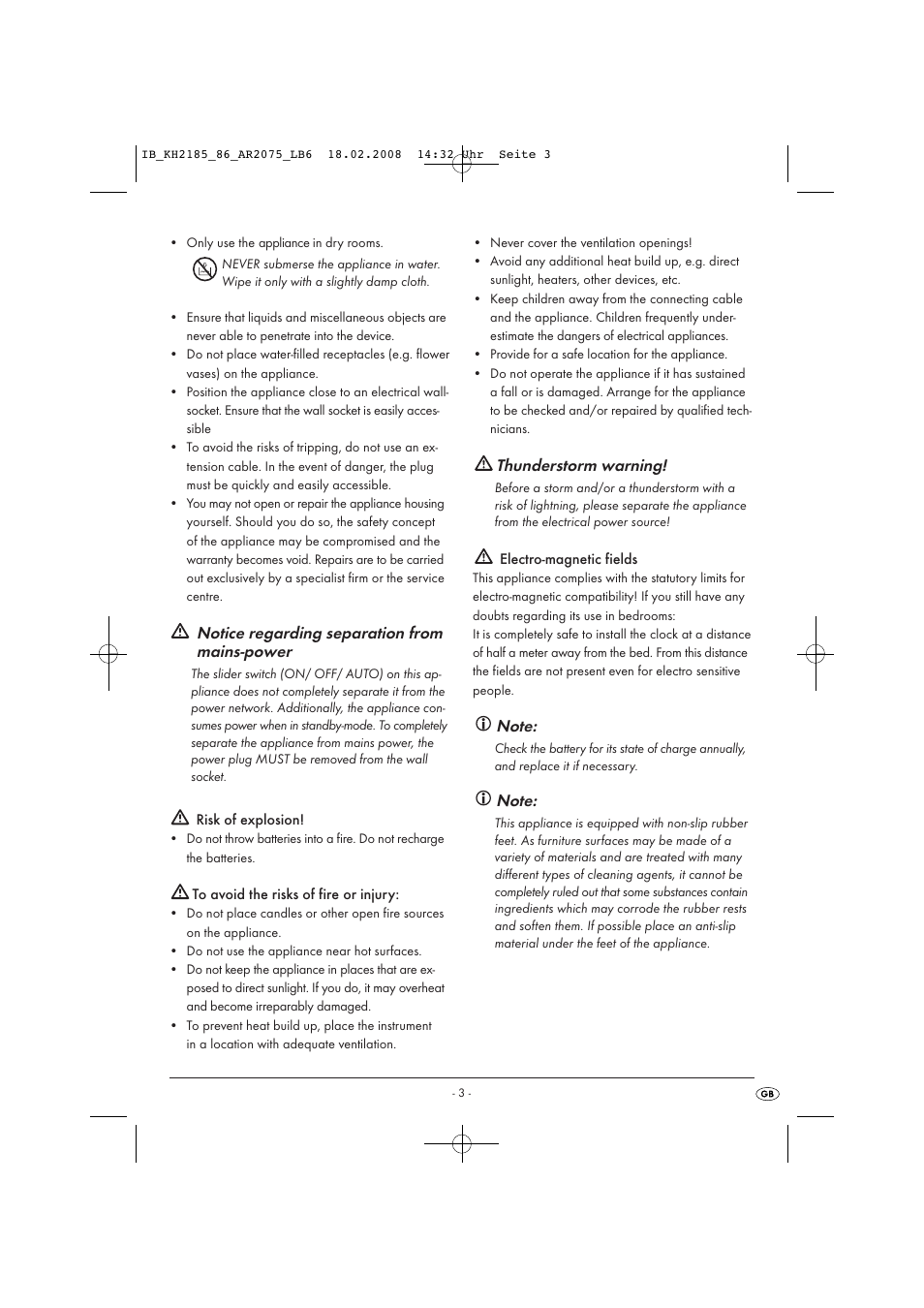 Notice regarding separation from mains-power, Thunderstorm warning | Kompernass KH 2185 User Manual | Page 5 / 10
