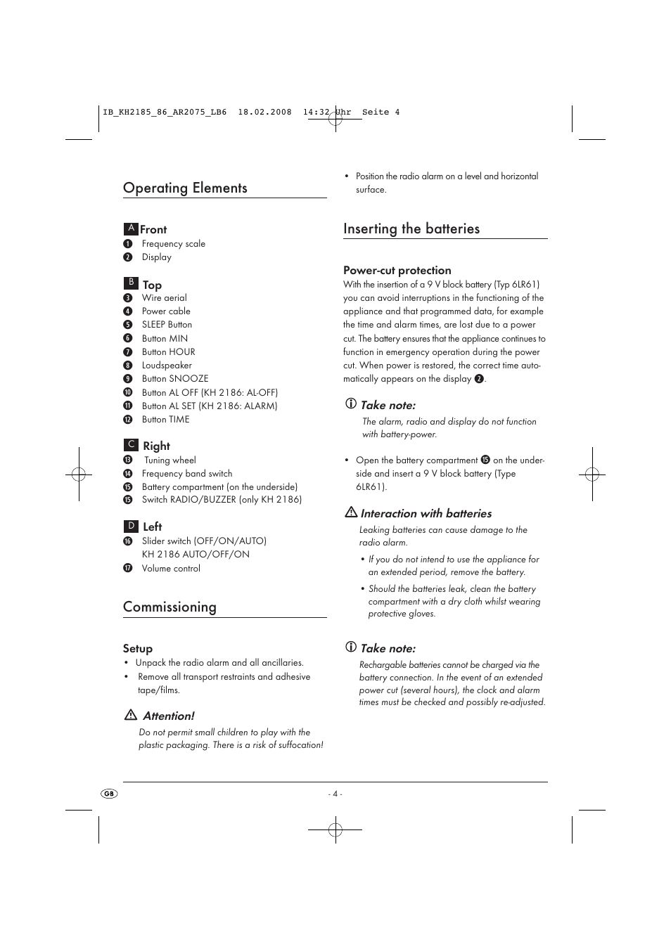 Operating elements, Commissioning, Inserting the batteries | Kompernass KH 2185 User Manual | Page 6 / 10