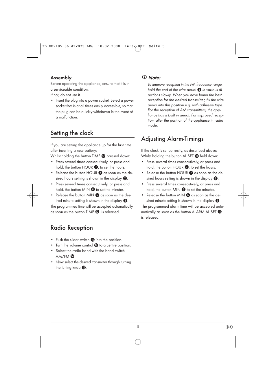 Setting the clock, Radio reception, Adjusting alarm-timings | Kompernass KH 2185 User Manual | Page 7 / 10