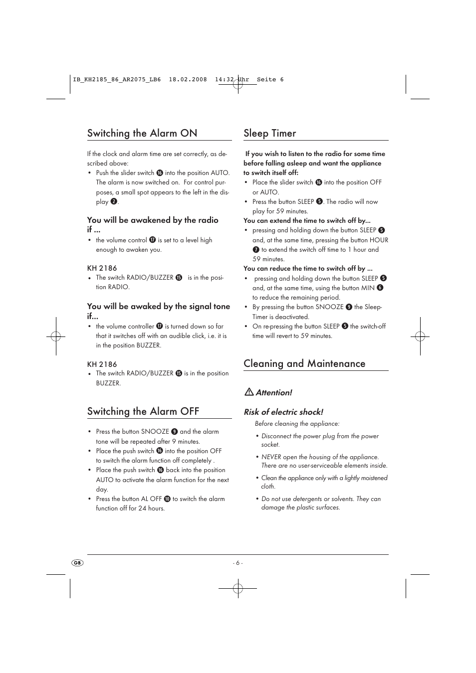 Switching the alarm on, Switching the alarm off, Sleep timer | Cleaning and maintenance | Kompernass KH 2185 User Manual | Page 8 / 10