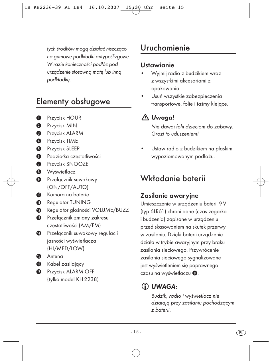 Elementy obsługowe, Uruchomienie, Wkładanie baterii | Kompernass KH 2238 User Manual | Page 17 / 82