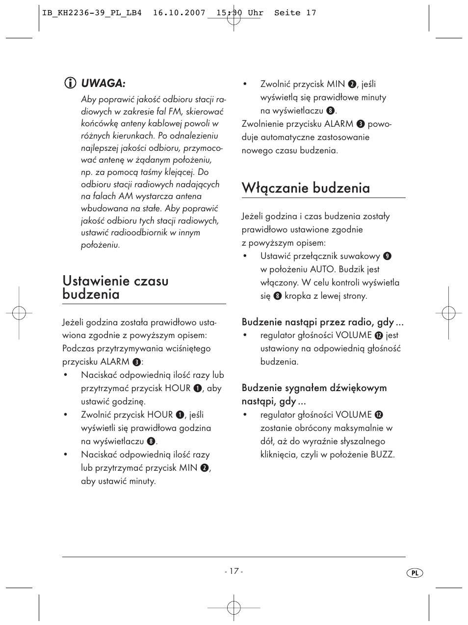 Ustawienie czasu budzenia, Włączanie budzenia | Kompernass KH 2238 User Manual | Page 19 / 82