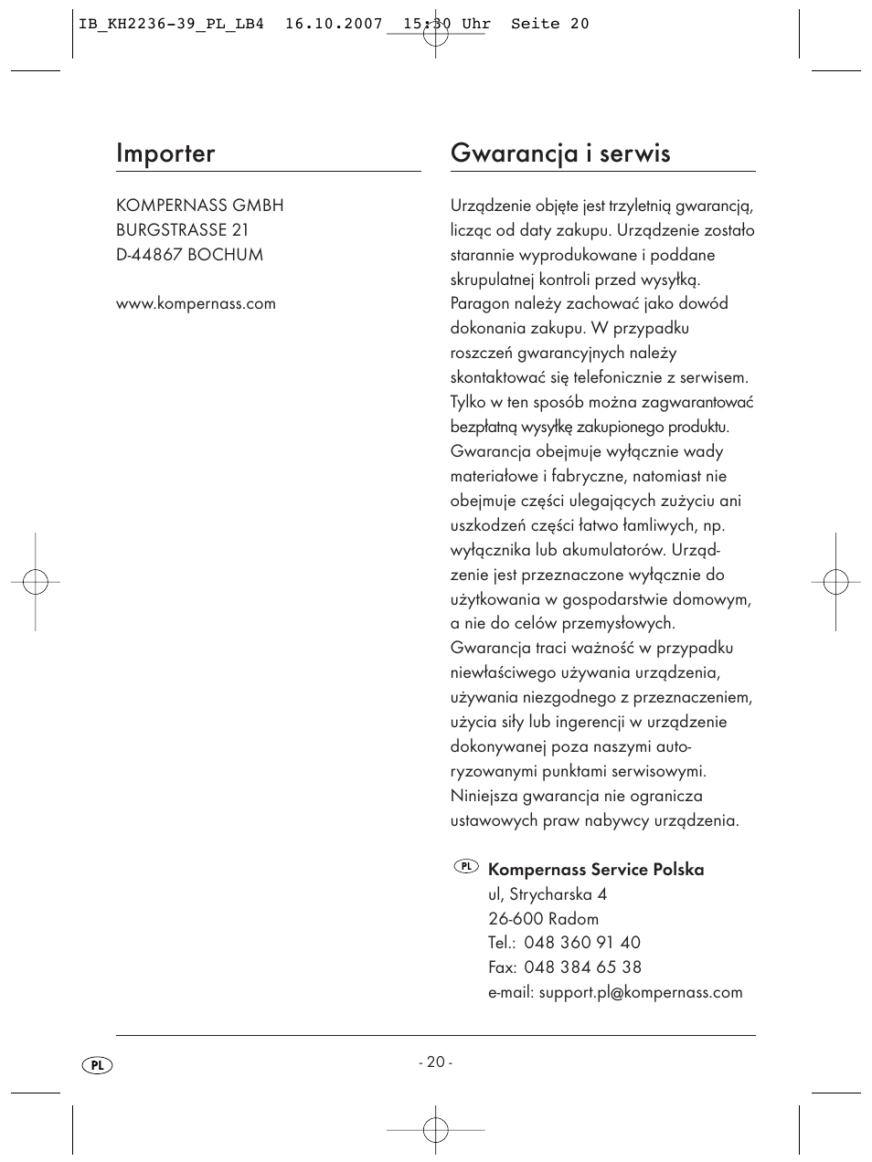 Importer, Gwarancja i serwis | Kompernass KH 2238 User Manual | Page 22 / 82