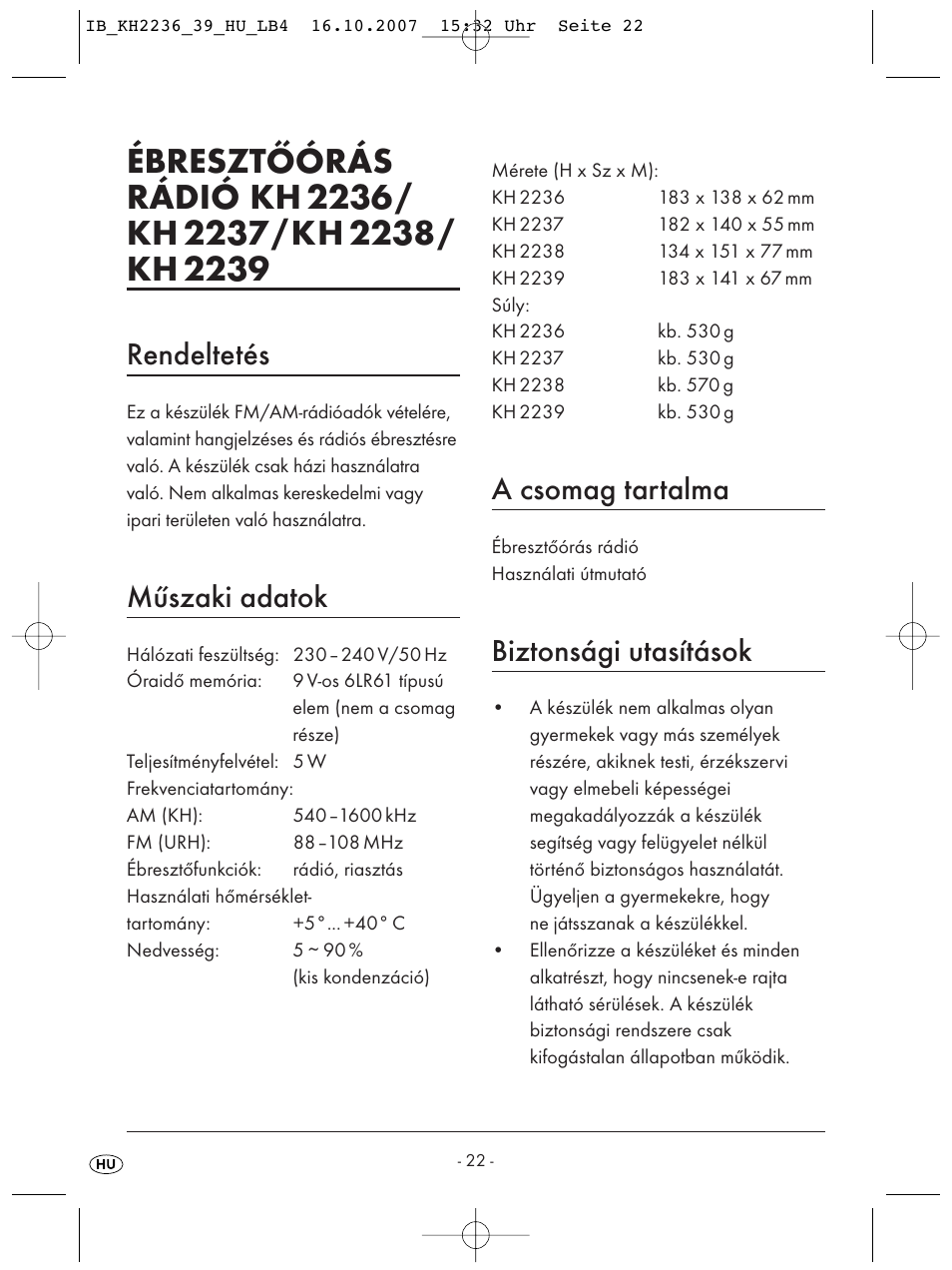 Rendeltetés, Műszaki adatok, A csomag tartalma | Biztonsági utasítások | Kompernass KH 2238 User Manual | Page 24 / 82