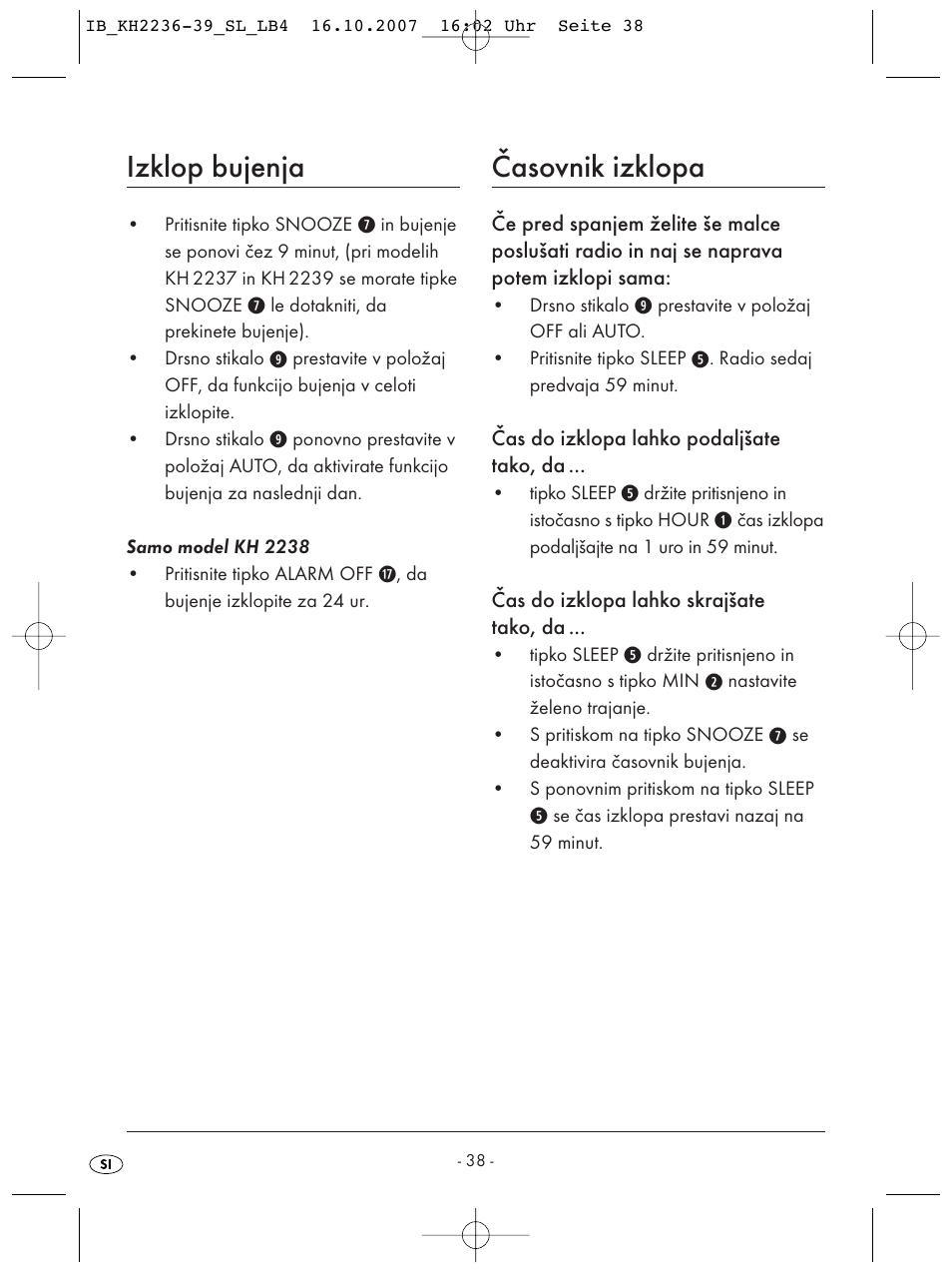 Izklop bujenja, Časovnik izklopa | Kompernass KH 2238 User Manual | Page 40 / 82