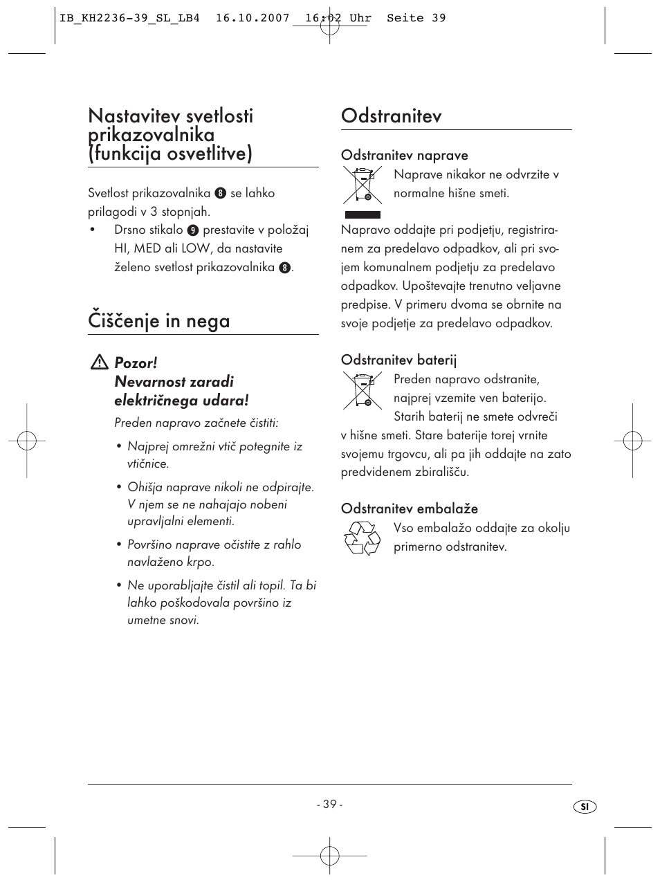 Čiščenje in nega, Odstranitev | Kompernass KH 2238 User Manual | Page 41 / 82