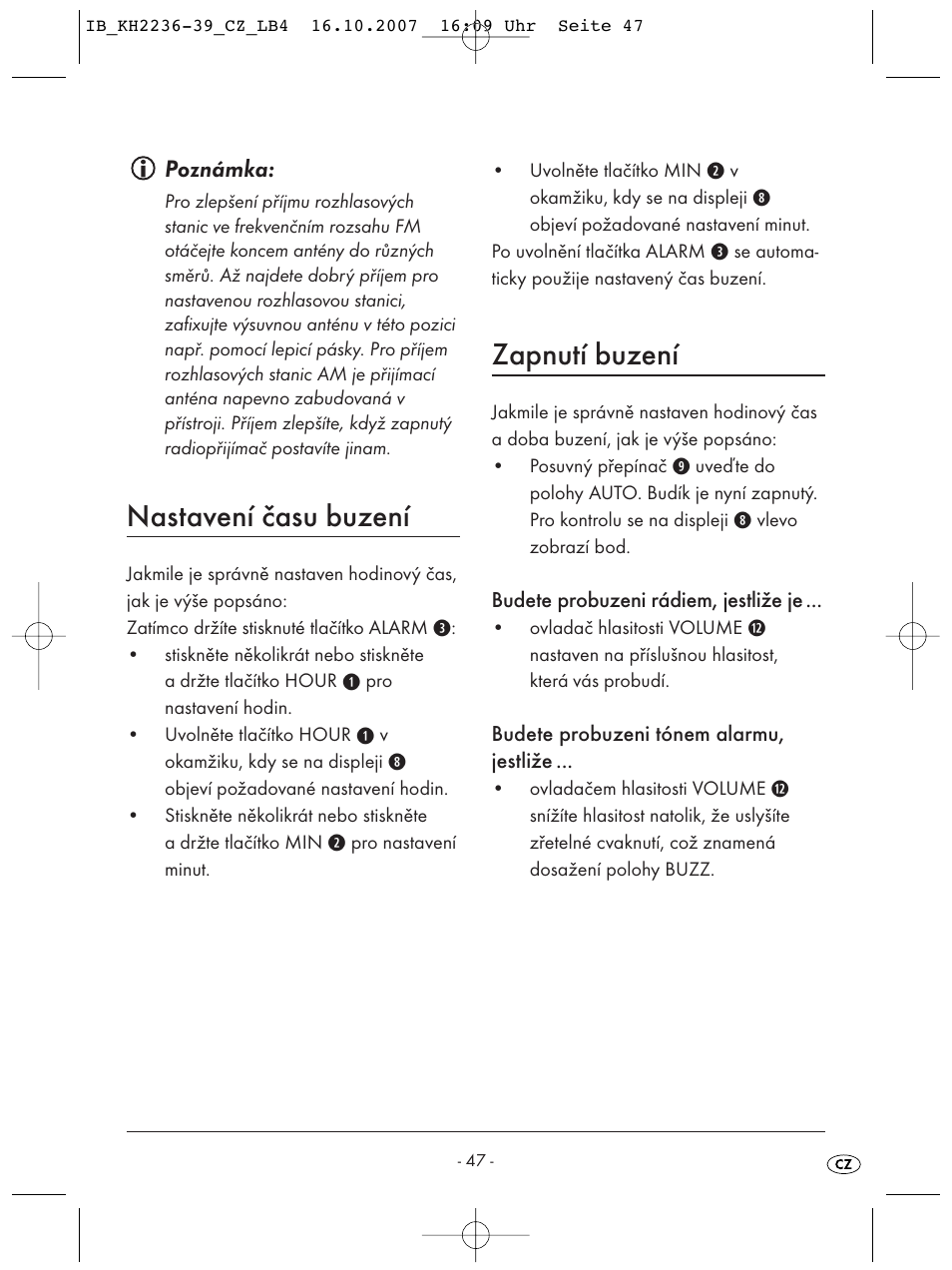 Nastavení času buzení, Zapnutí buzení | Kompernass KH 2238 User Manual | Page 49 / 82