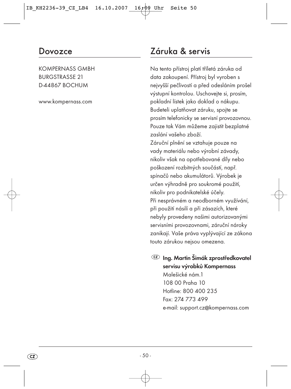Dovozce, Záruka & servis | Kompernass KH 2238 User Manual | Page 52 / 82