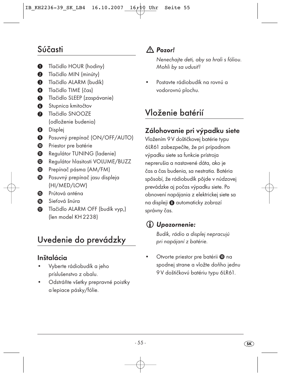 Súčasti, Uvedenie do prevádzky, Vloženie batérií | Kompernass KH 2238 User Manual | Page 57 / 82