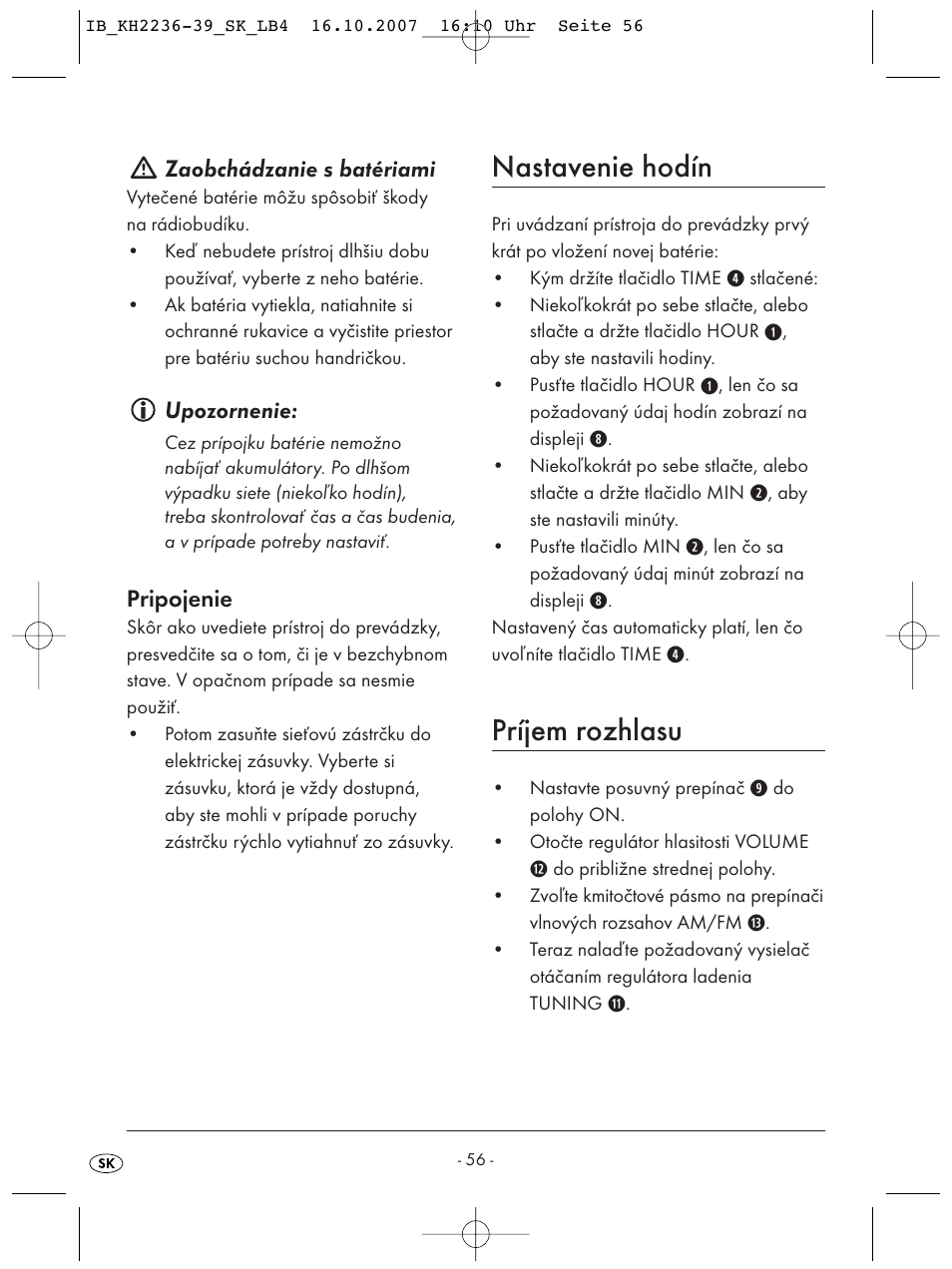 Nastavenie hodín, Príjem rozhlasu | Kompernass KH 2238 User Manual | Page 58 / 82
