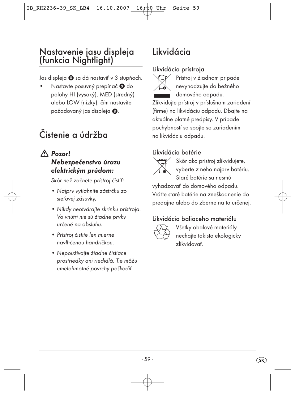 Nastavenie jasu displeja (funkcia nightlight), Čistenie a údržba, Likvidácia | Kompernass KH 2238 User Manual | Page 61 / 82
