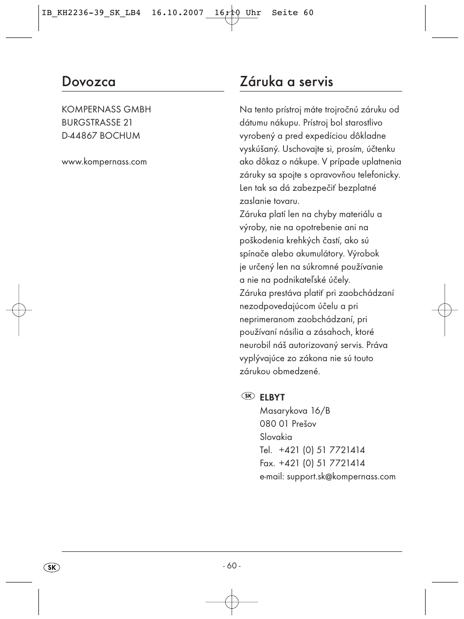 Dovozca, Záruka a servis | Kompernass KH 2238 User Manual | Page 62 / 82