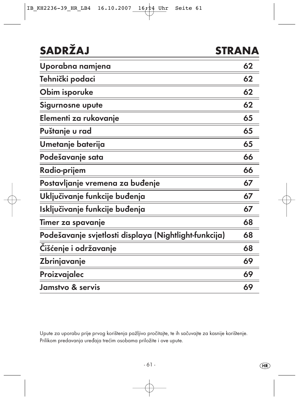 Sadržaj strana | Kompernass KH 2238 User Manual | Page 63 / 82