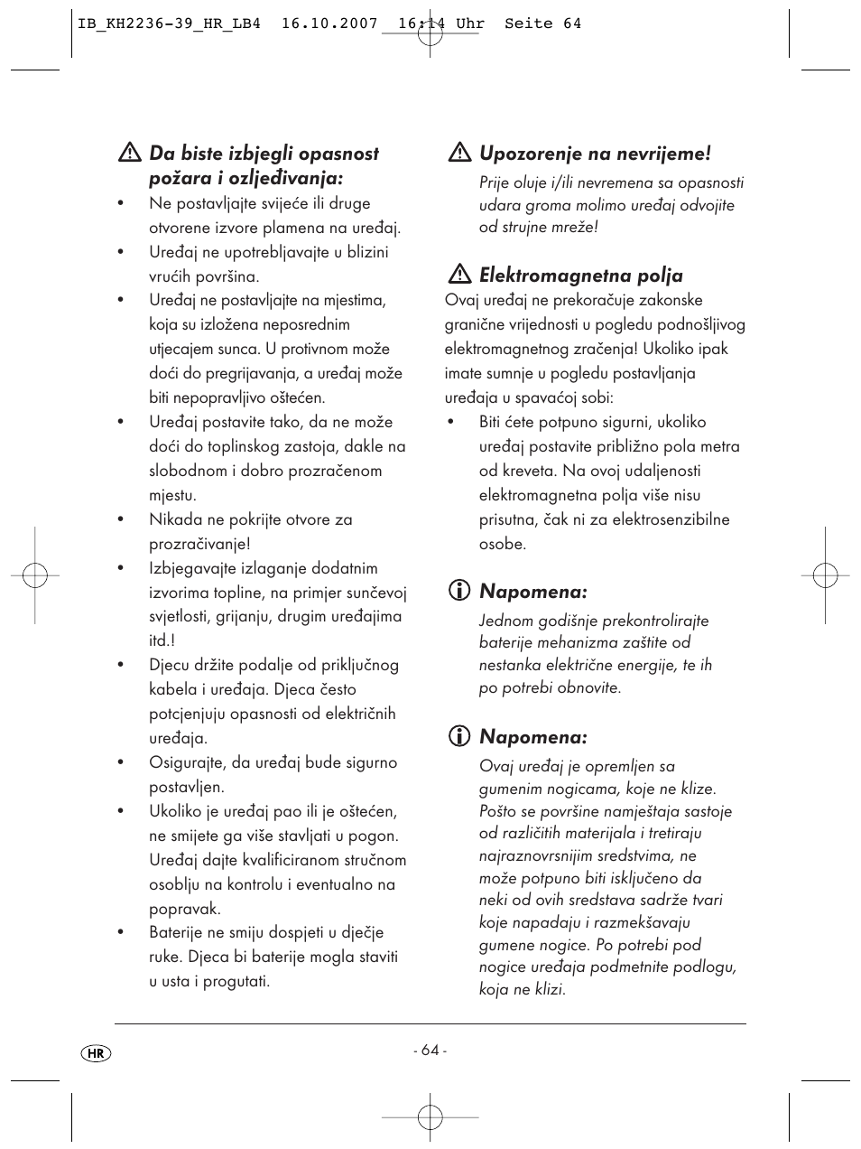 Da biste izbjegli opasnost požara i ozljeđivanja, Upozorenje na nevrijeme, Elektromagnetna polja | Napomena | Kompernass KH 2238 User Manual | Page 66 / 82