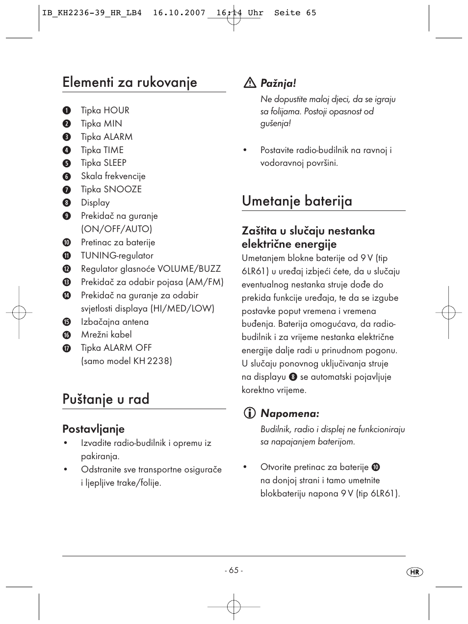 Elementi za rukovanje, Puštanje u rad, Umetanje baterija | Kompernass KH 2238 User Manual | Page 67 / 82