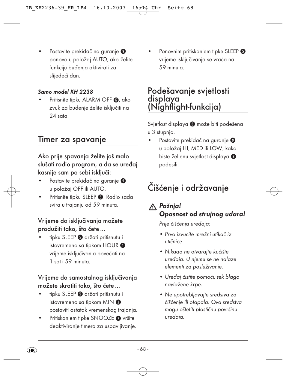 Timer za spavanje, Čišćenje i održavanje | Kompernass KH 2238 User Manual | Page 70 / 82