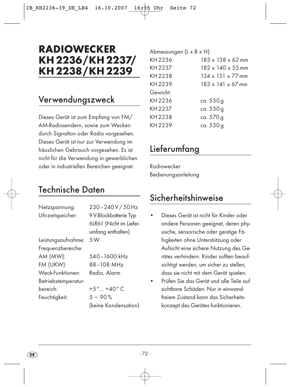 Verwendungszweck, Technische daten, Lieferumfang | Sicherheitshinweise | Kompernass KH 2238 User Manual | Page 74 / 82