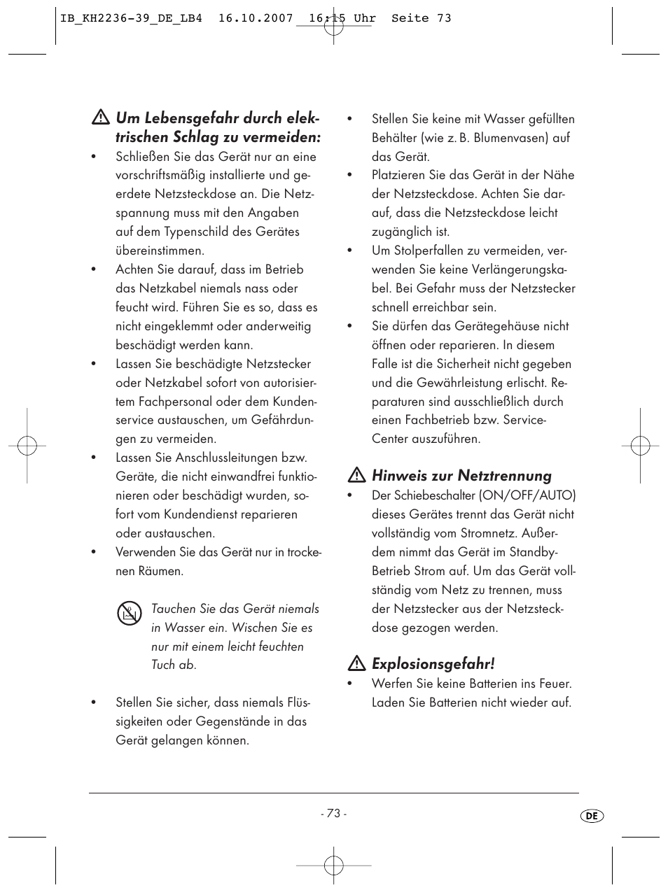 Hinweis zur netztrennung, Explosionsgefahr | Kompernass KH 2238 User Manual | Page 75 / 82