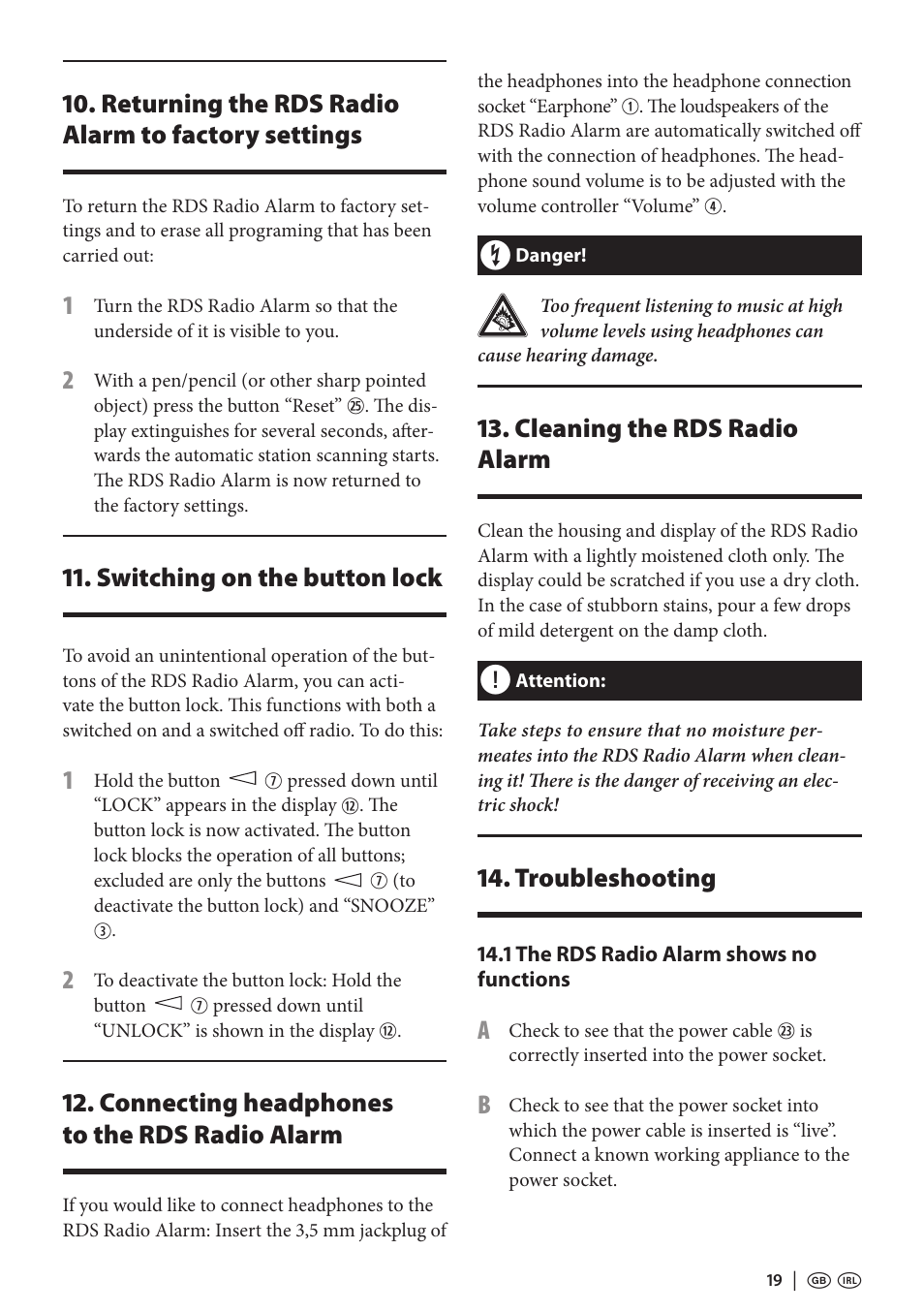 Returning the rds radio alarm to factory settings, Switching on the button lock, Connecting headphones to the rds radio alarm | Cleaning the rds radio alarm, Troubleshooting | Kompernass KH 2295 User Manual | Page 19 / 22