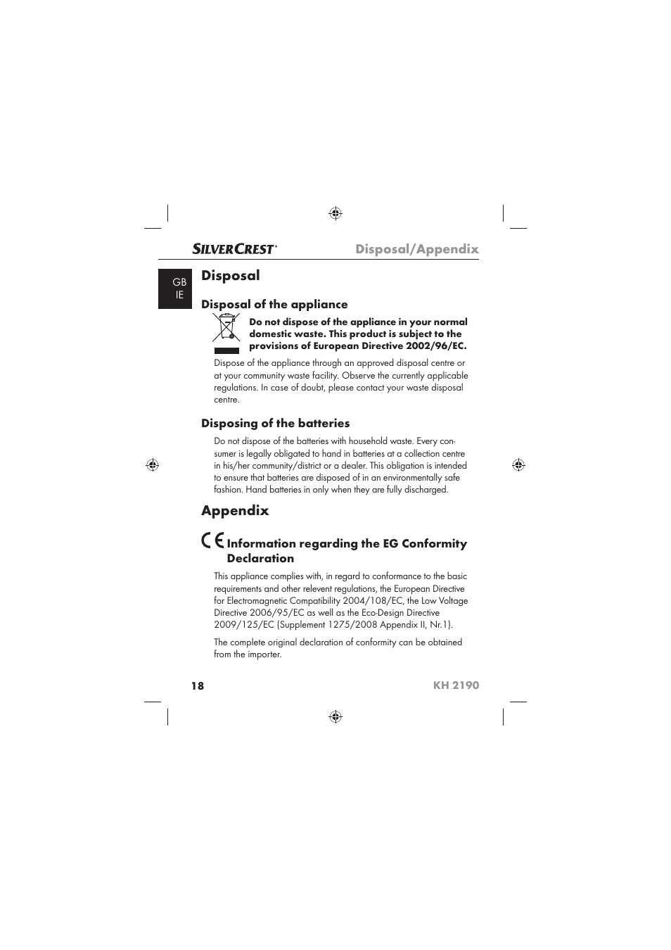 Disposal, Appendix, Disposal/appendix | Kompernass KH 2190 User Manual | Page 20 / 24