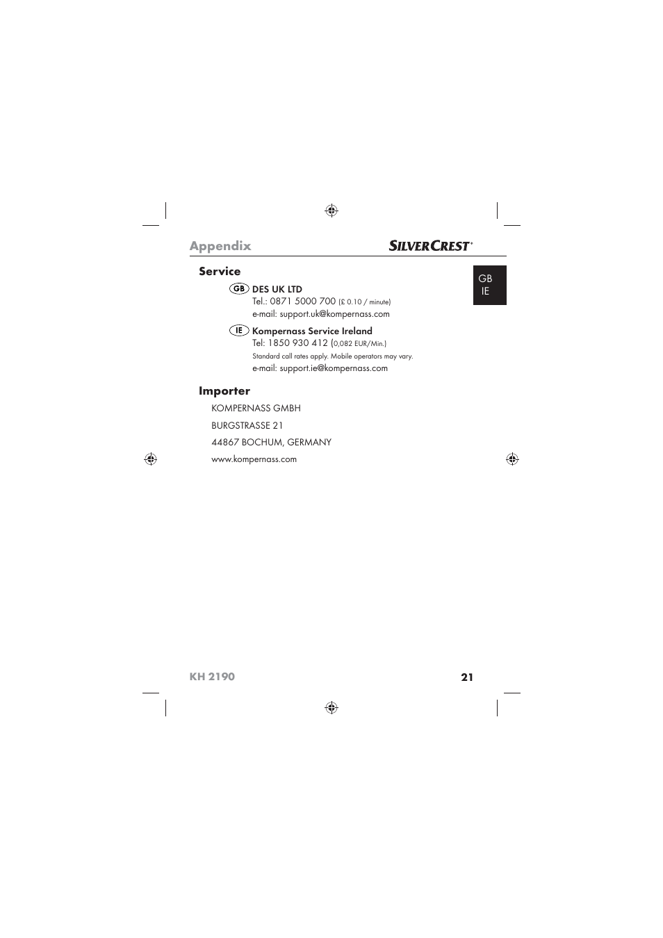 Appendix, Service, Importer | Kompernass KH 2190 User Manual | Page 23 / 24