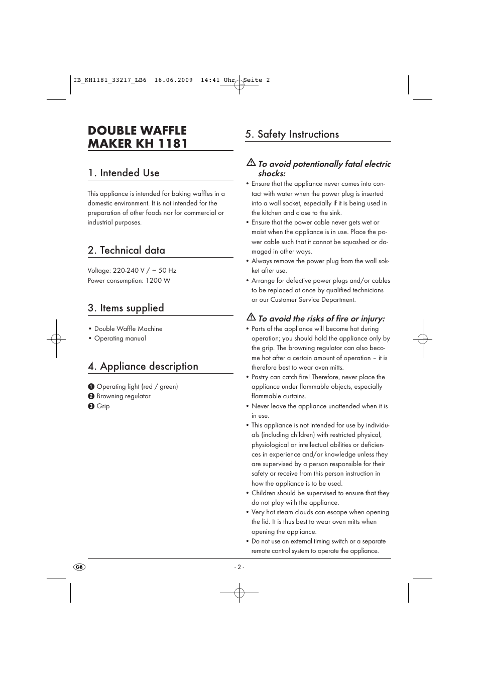 Double waffle maker kh 1181, Intended use, Technical data | Items supplied, Appliance description, Safety instructions | Kompernass KH1181 User Manual | Page 4 / 10