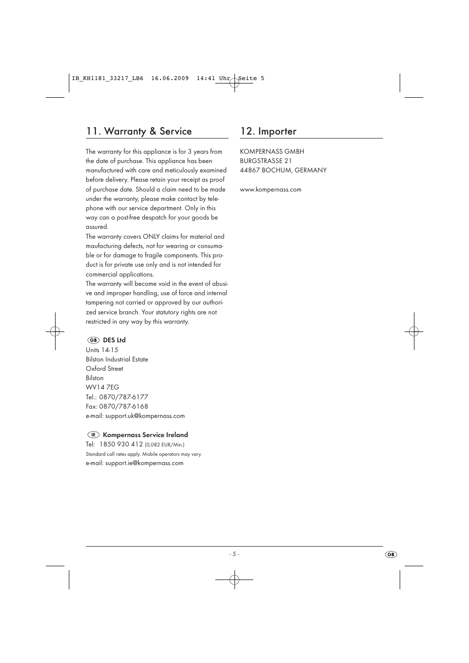 Warranty & service, Importer | Kompernass KH1181 User Manual | Page 7 / 10