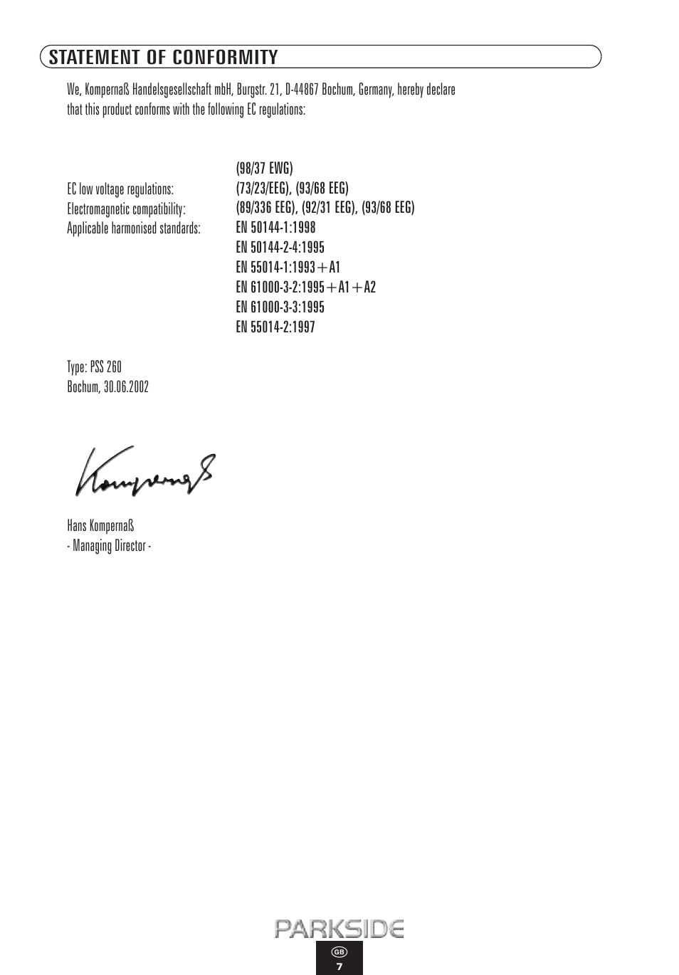 Statement of conformity | Kompernass PSS 260 User Manual | Page 7 / 10