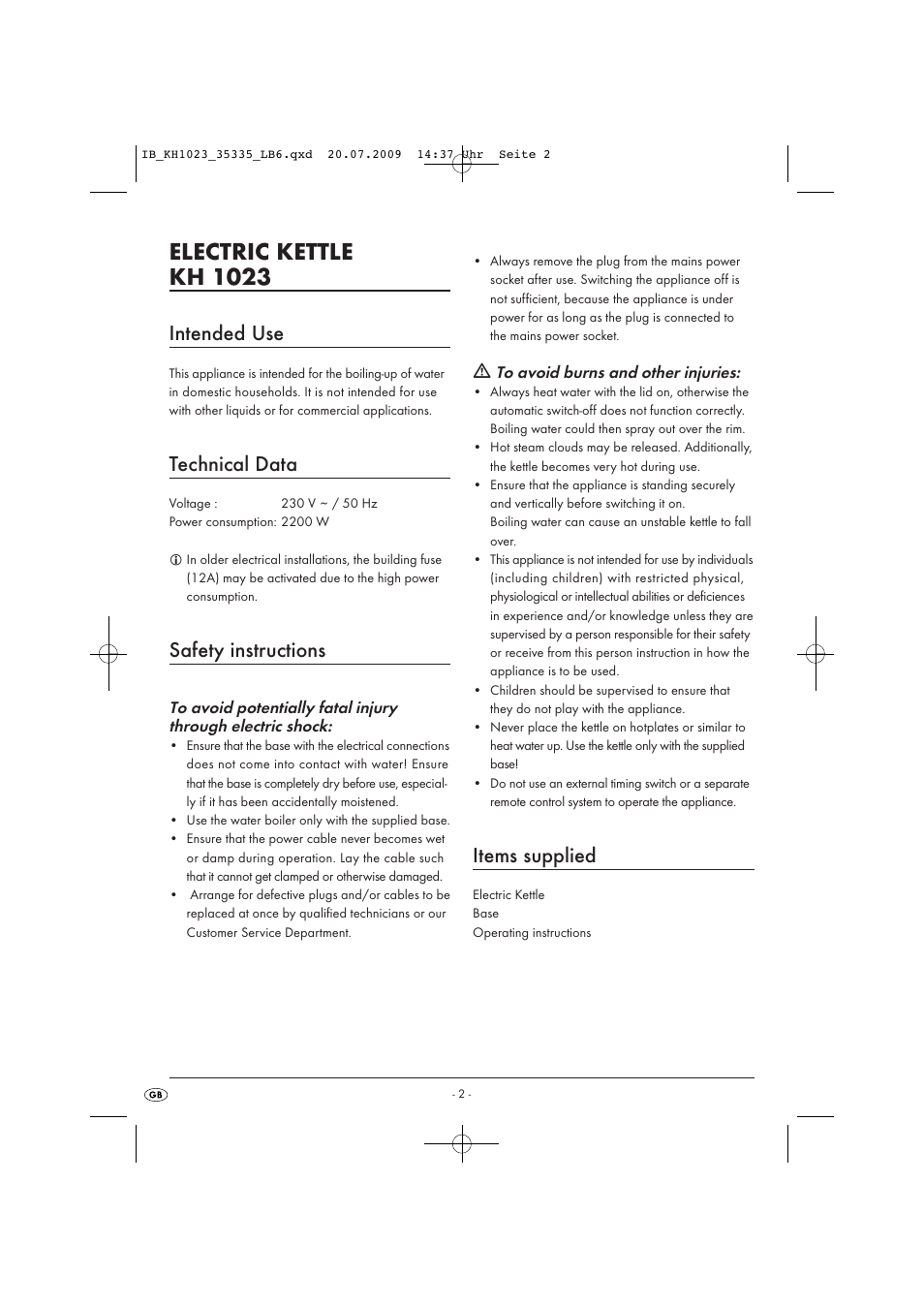 Electric kettle kh 1023, Intended use, Technical data | Safety instructions, Items supplied | Kompernass KH 1023 User Manual | Page 4 / 7