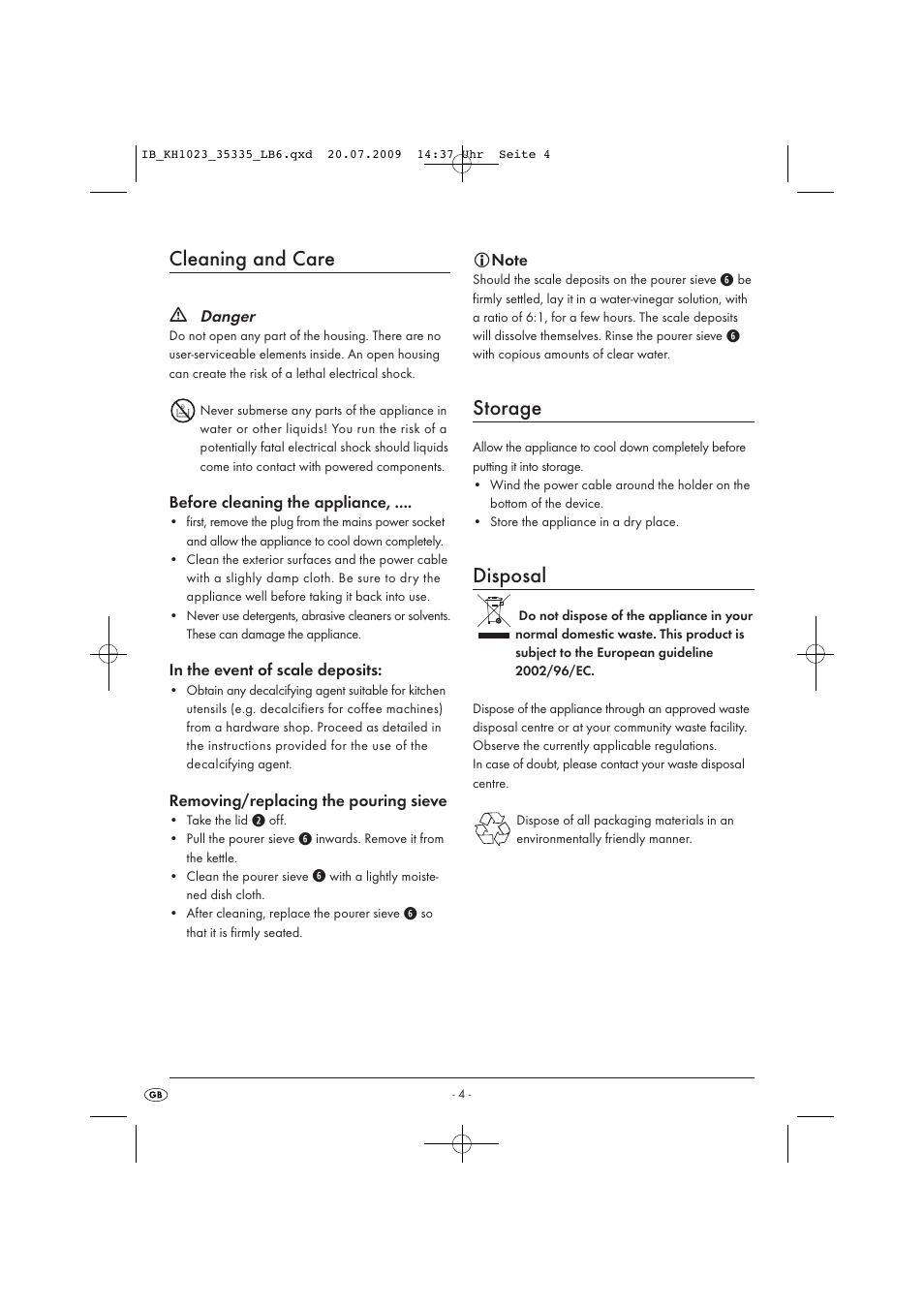 Cleaning and care, Storage, Disposal | Kompernass KH 1023 User Manual | Page 6 / 7