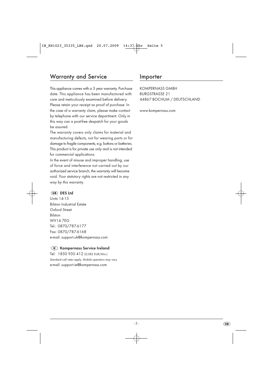 Warranty and service, Importer | Kompernass KH 1023 User Manual | Page 7 / 7