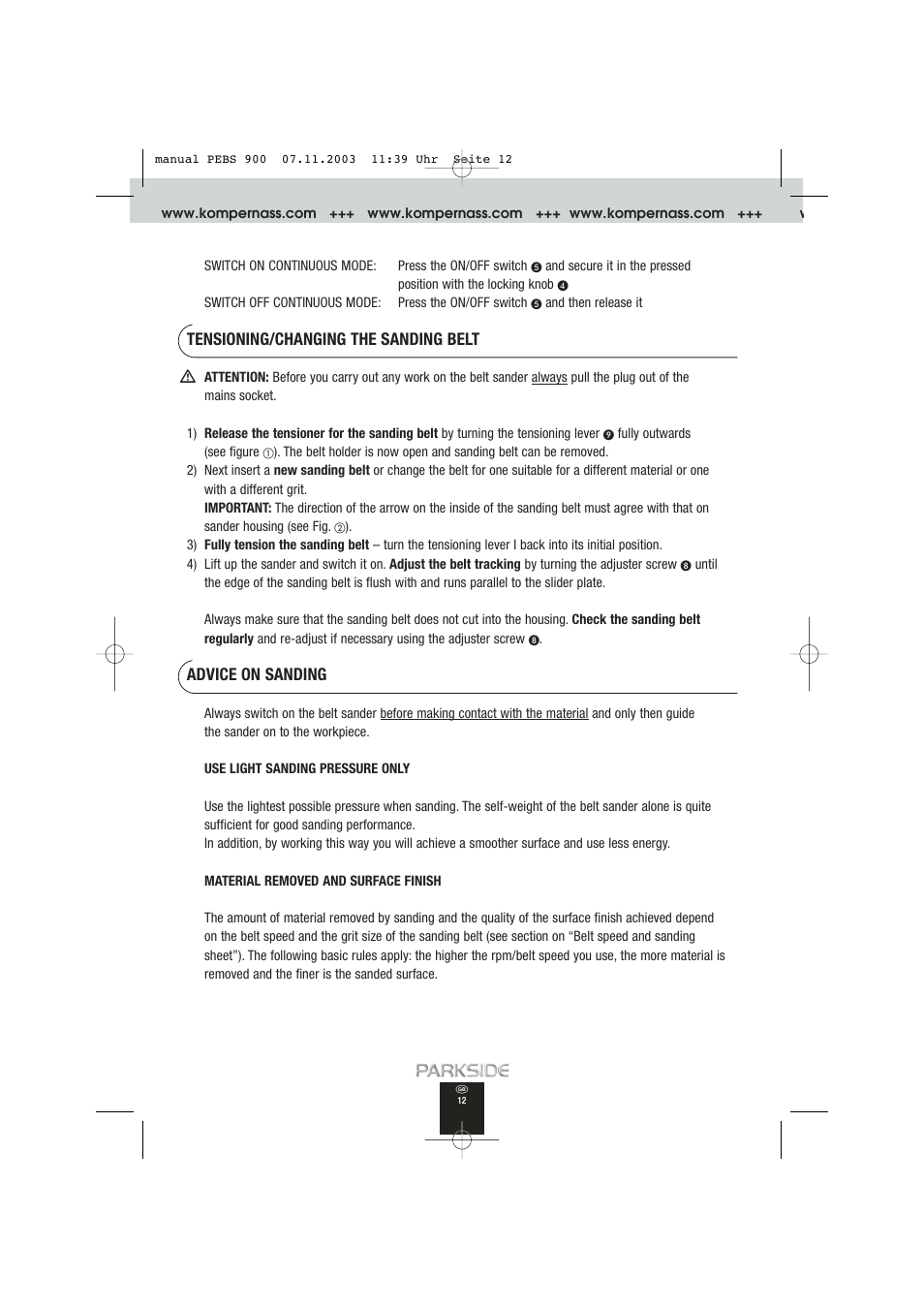 Tensioning/changing the sanding belt, Advice on sanding | Kompernass PEBS 900 User Manual | Page 12 / 79