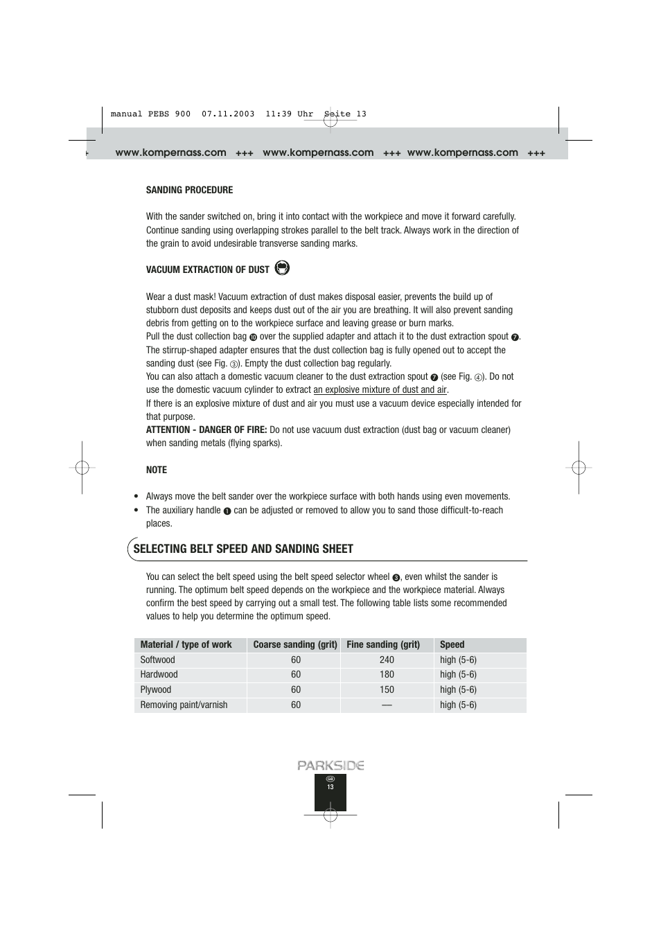 Selecting belt speed and sanding sheet | Kompernass PEBS 900 User Manual | Page 13 / 79