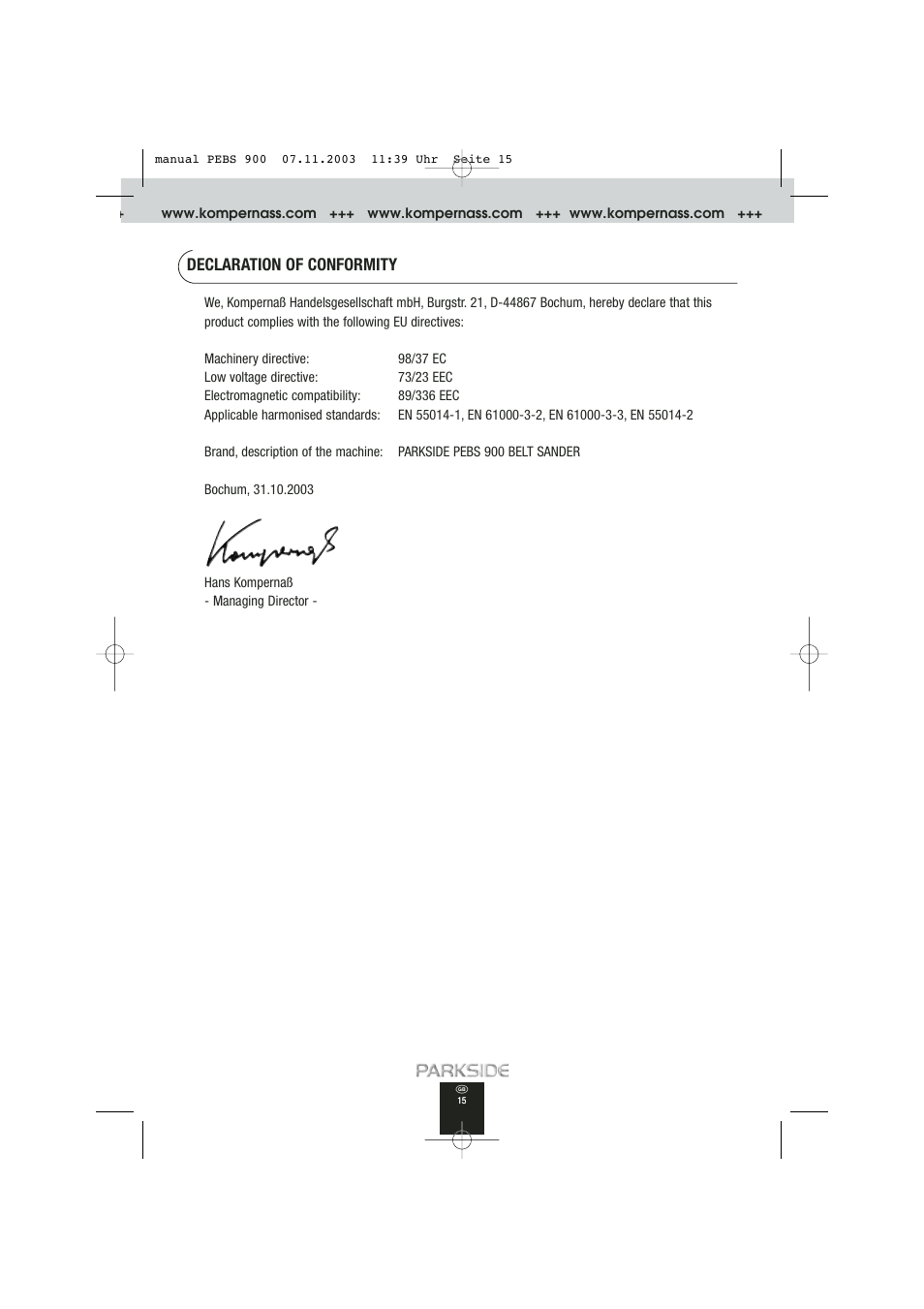 Declaration of conformity | Kompernass PEBS 900 User Manual | Page 15 / 79