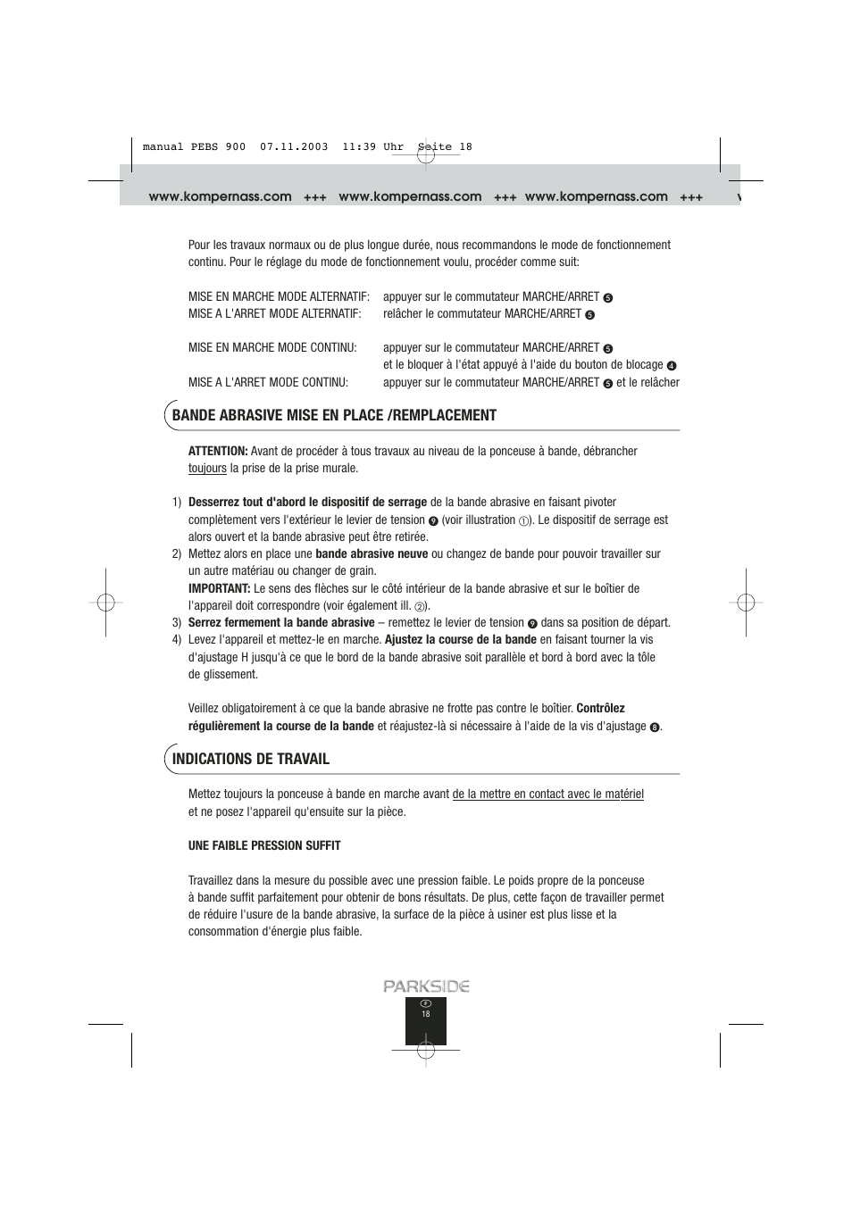 Bande abrasive mise en place /remplacement, Indications de travail | Kompernass PEBS 900 User Manual | Page 18 / 79