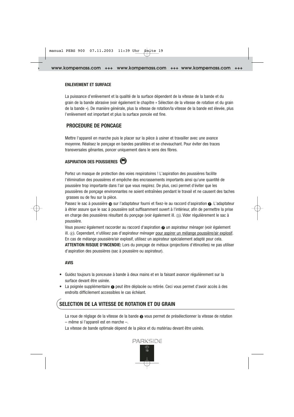Procedure de poncage, Selection de la vitesse de rotation et du grain | Kompernass PEBS 900 User Manual | Page 19 / 79