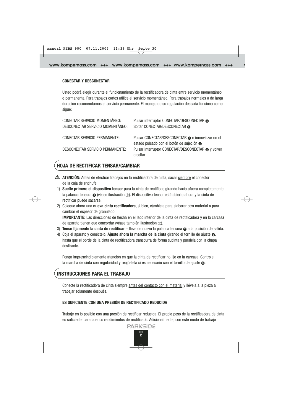 Hoja de rectificar tensar/cambiar, Instrucciones para el trabajo | Kompernass PEBS 900 User Manual | Page 30 / 79