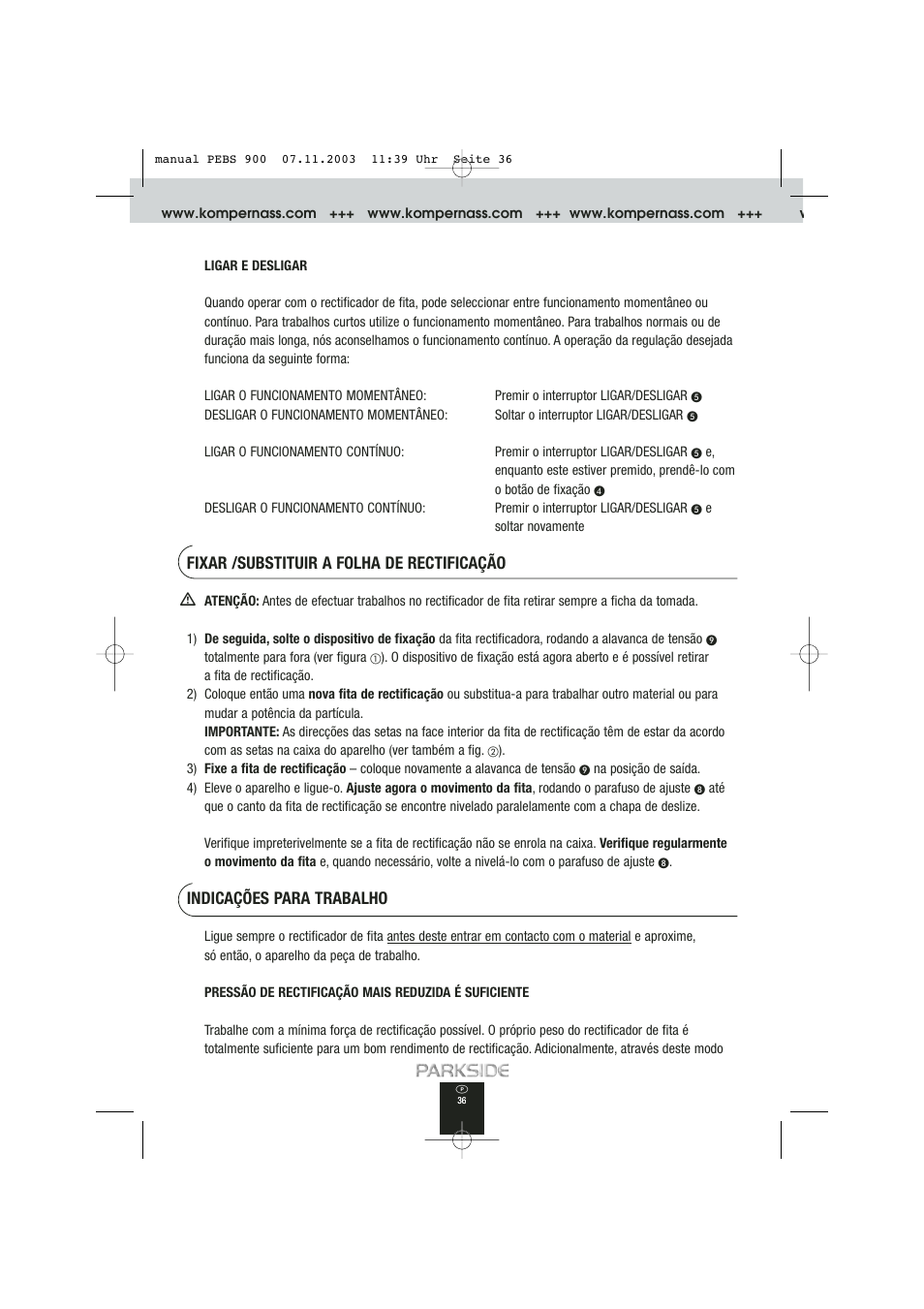 Fixar /substituir a folha de rectificação, Indicações para trabalho | Kompernass PEBS 900 User Manual | Page 36 / 79