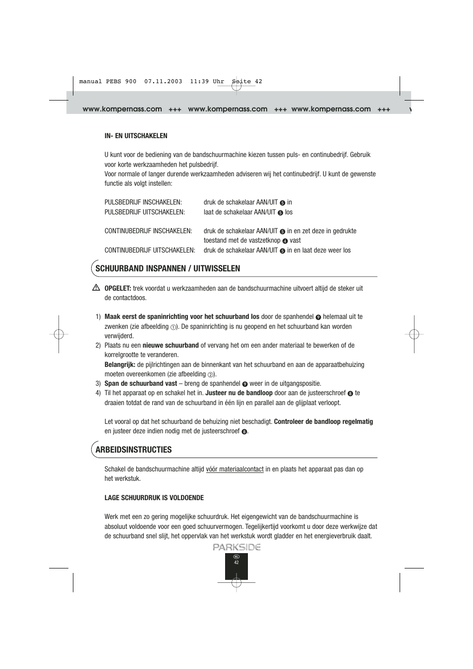 Schuurband inspannen / uitwisselen, Arbeidsinstructies | Kompernass PEBS 900 User Manual | Page 42 / 79