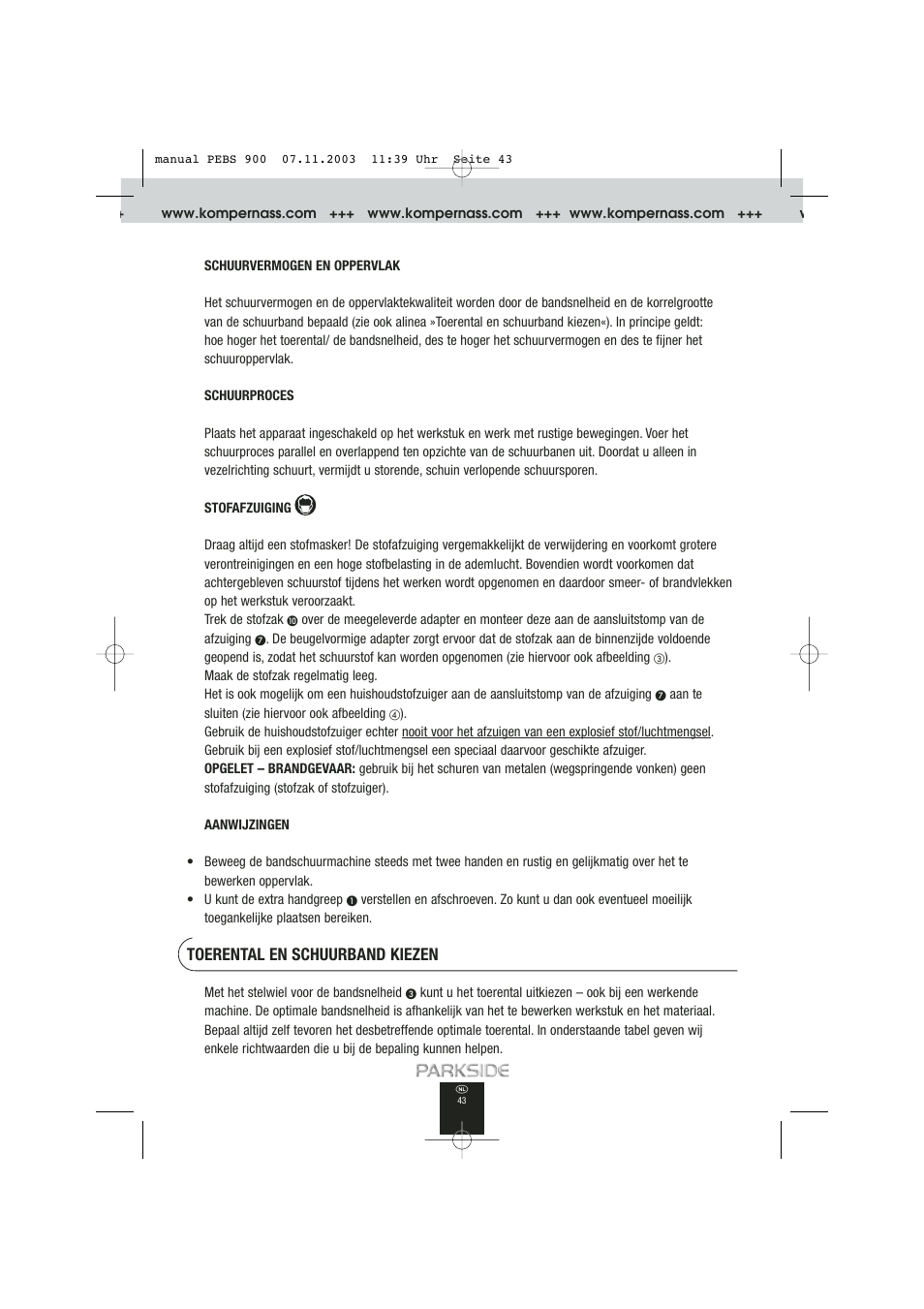 Toerental en schuurband kiezen | Kompernass PEBS 900 User Manual | Page 43 / 79