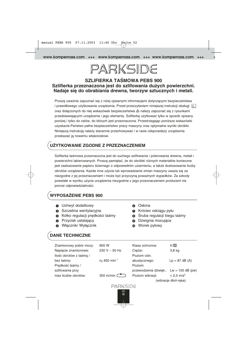 U˚ytkowanie zgodne z przeznaczeniem, Wyposa˚enie pebs 900, Dane techniczne | Kompernass PEBS 900 User Manual | Page 52 / 79