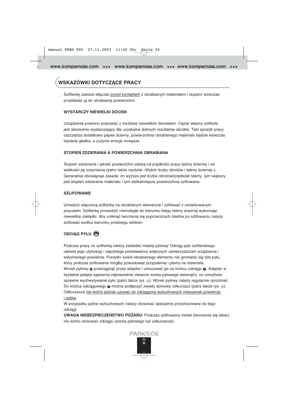 Wskazówki dotyczñce pracy | Kompernass PEBS 900 User Manual | Page 55 / 79