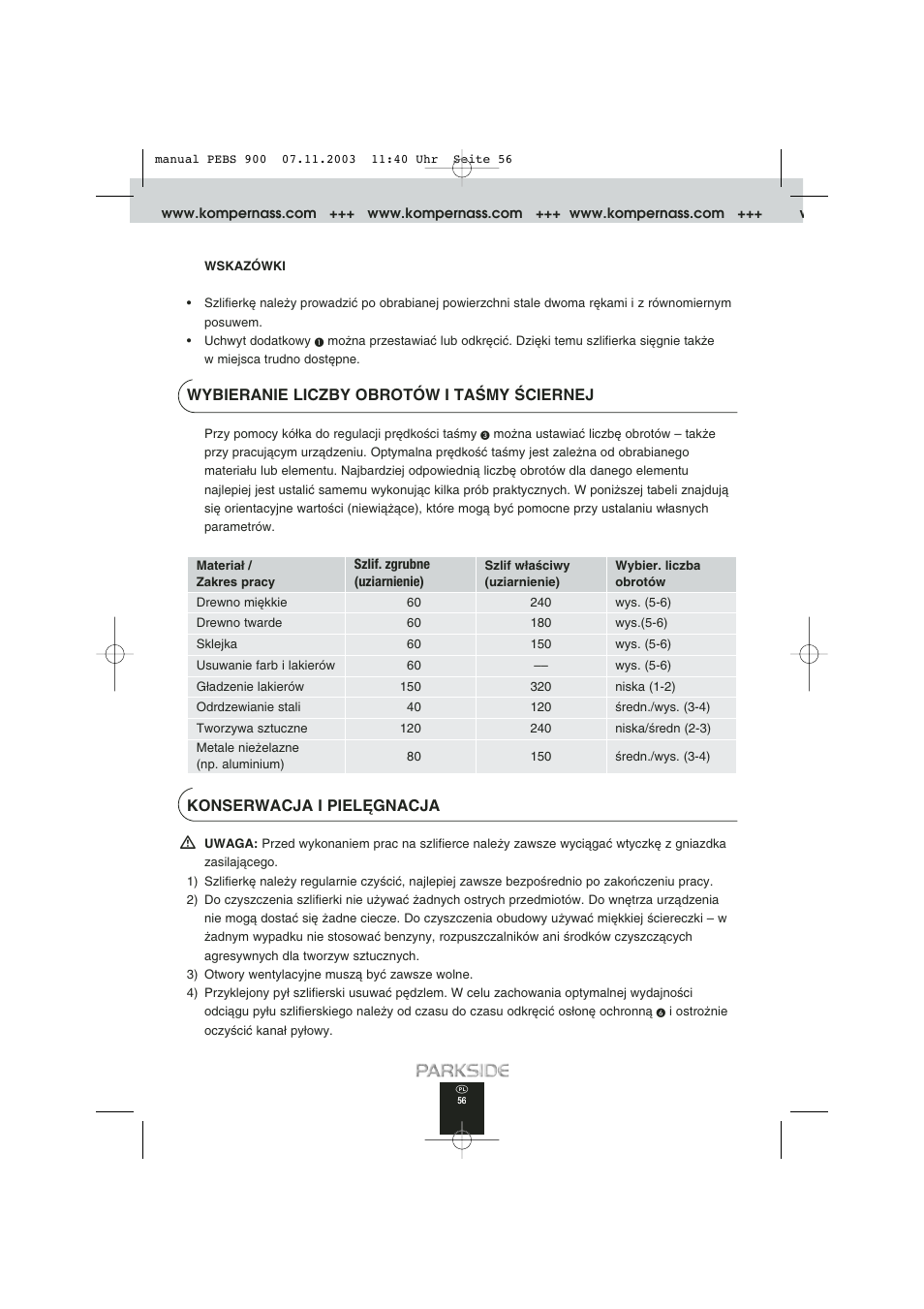 Wybieranie liczby obrotów i taâmy âciernej, Konserwacja i piel¢gnacja | Kompernass PEBS 900 User Manual | Page 56 / 79
