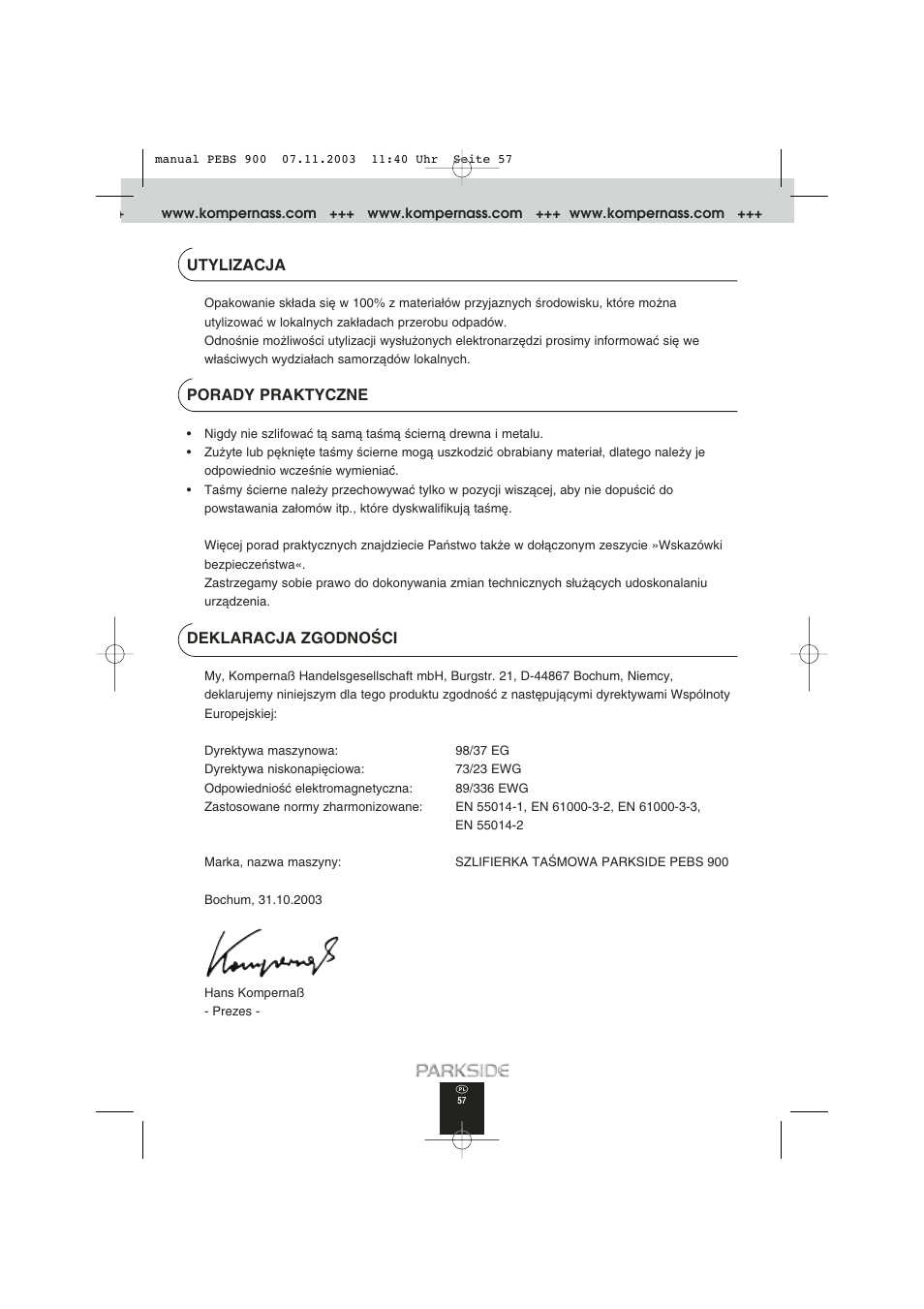 Utylizacja, Porady praktyczne, Deklaracja zgodnoâci | Kompernass PEBS 900 User Manual | Page 57 / 79