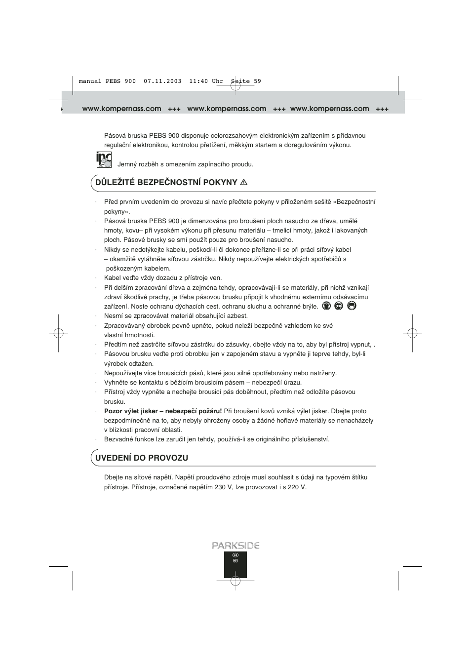 Dòleîité bezpeânostnæ pokyny ƽ, Uvedenæ do provozu | Kompernass PEBS 900 User Manual | Page 59 / 79