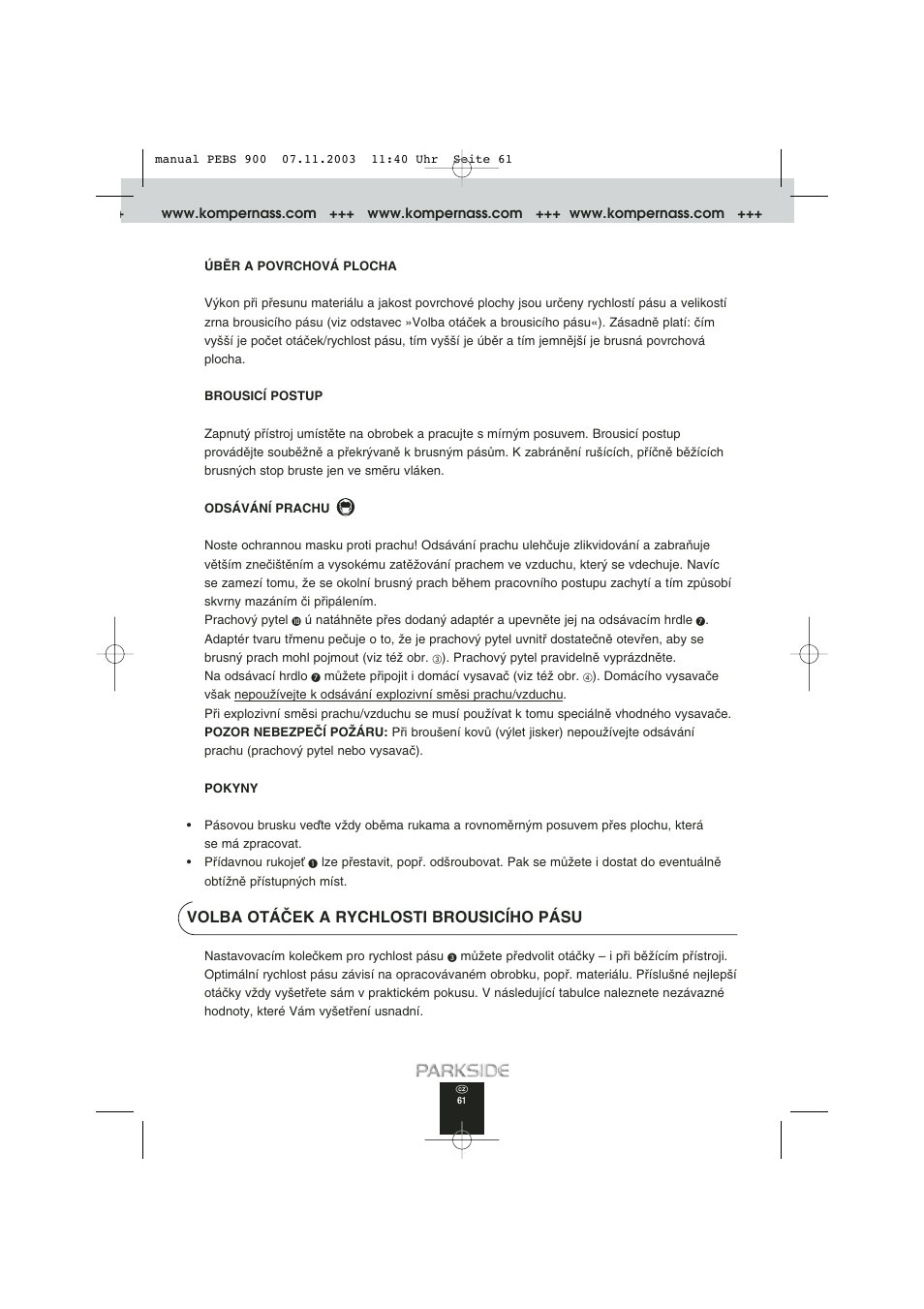 Volba otáâek a rychlosti brousicæho pásu | Kompernass PEBS 900 User Manual | Page 61 / 79