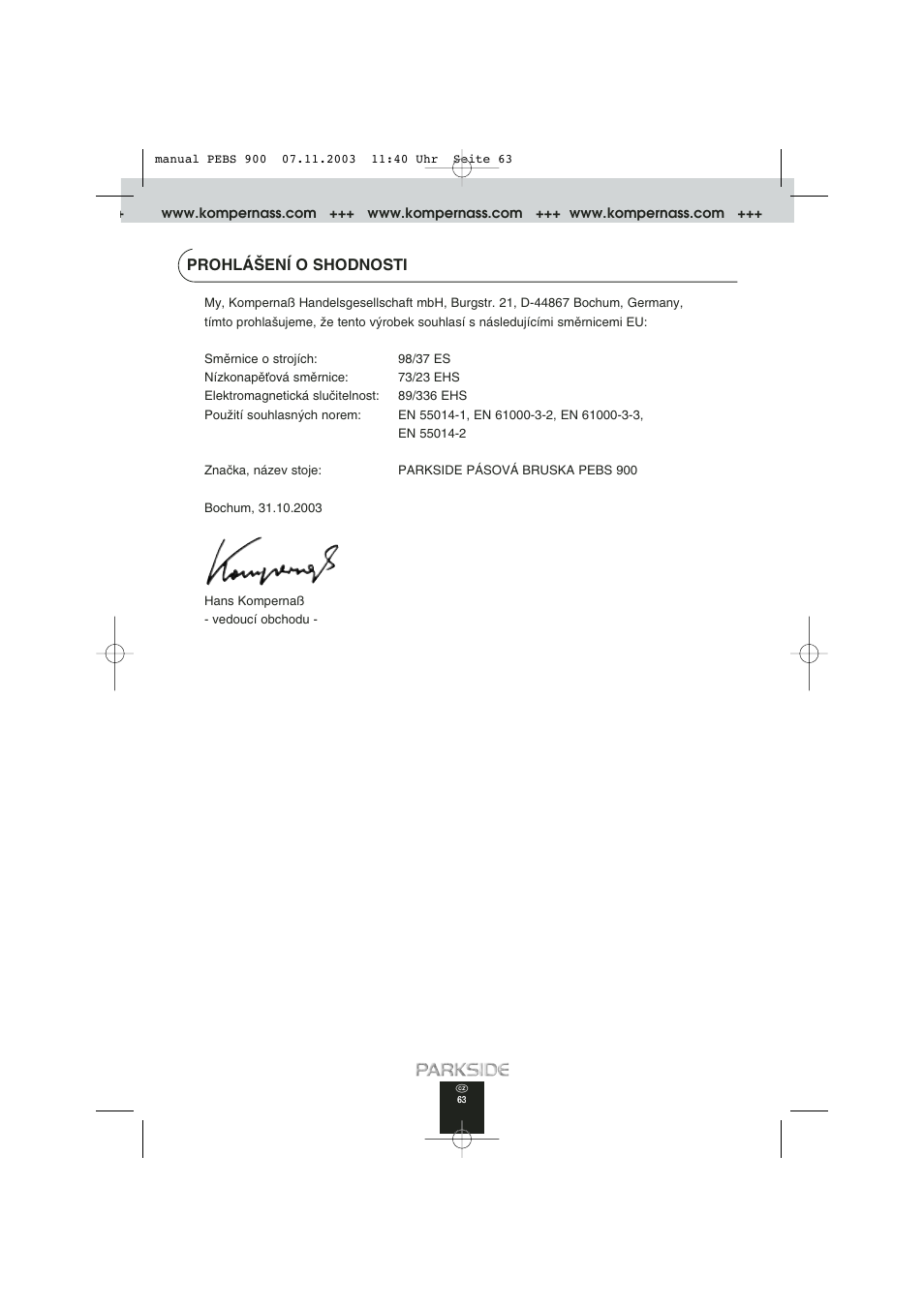 Prohlá·enæ o shodnosti | Kompernass PEBS 900 User Manual | Page 63 / 79